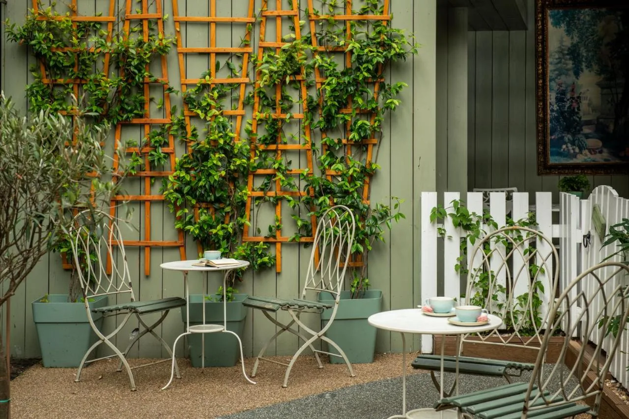 A wall covered in plants with tables and chairs at Judge's Lodging in York